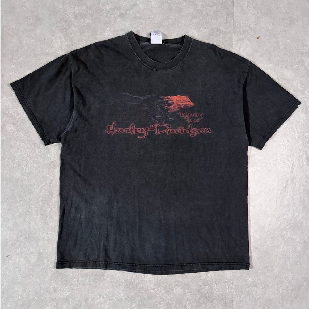 2000's Vintage Harley Davidson Flaming Wolf Faded Black T-Shirt -XL